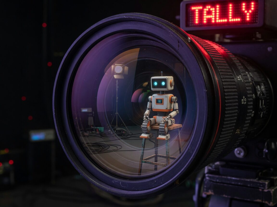 A broadcast camera lens reflects a small orange-and-white robot sitting on a stool, with a red LED TALLY sign lit on the camera body.