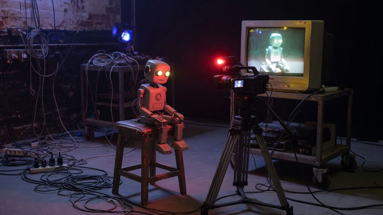 A small white robot with glowing green eyes sits on a worn wooden stool in a dark studio, facing a professional video camera on a tripod and a CRT monitor that shows the same robot.