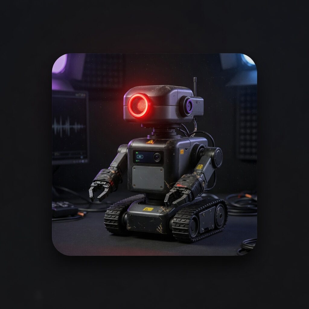 A tracked studio robot with a circular red tally light for an eye, standing on a dark set beside waveform monitors and cables.